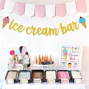 ice cream bar decorations kit gold glitter banner ice cream sundae bar table sign food tents labels thank you cards tags for summer ice cream birthday party supplies