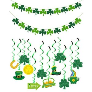 St Patricks Day Hanging Decoration - Lucky Green Banners and Spiral Ornaments,Three Leaf Shamrock Clover Irish Party Supplies