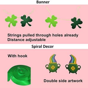 St Patricks Day Hanging Decoration - Lucky Green Banners and Spiral Ornaments,Three Leaf Shamrock Clover Irish Party Supplies