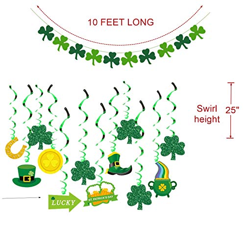 St Patricks Day Hanging Decoration - Lucky Green Banners and Spiral Ornaments,Three Leaf Shamrock Clover Irish Party Supplies