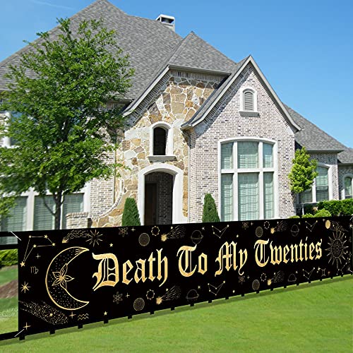 Death to My Twenties Birthday Banner Backdrop Decorations for Women Men, Gold 30th Birthday Party Photo Booth Props Sign Supplies, Thirty Years Old Funeral for My Youth Birthday Décor (9.8x1.6ft)