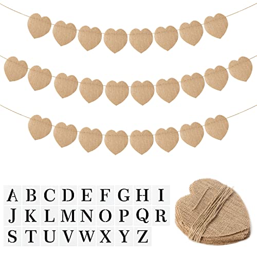 WATINC 26pcs DIY Burlap Banner with 26 Letter Stencil Kit, Alphabet Heart Shape Banners Name Sign Burlap Flag Garland Handwriting Bunting for Valentines Day Party Decoration Wedding Birthday Wall Home