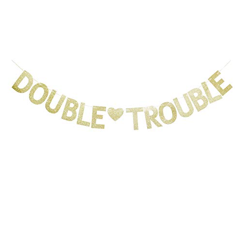 Double Trouble Gold Glitter Banner for Twins Baby Shower Party Sign, Baby Twins' Birthday Party Photo Props Decoration Double Trouble Gold Glitter Banner for Twins Baby Shower Party Sign, Baby Twins' Birthday Party Photo Props Decoration Double Trouble Go