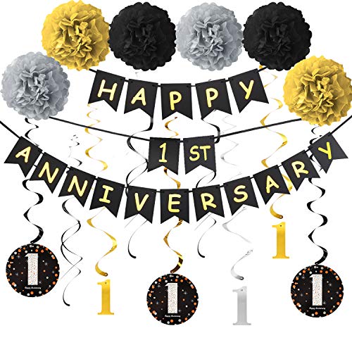 1 Year Anniversary Decorations Kit, 1st Wedding Anniversary Banner Party Decorations Suppilies - Including Gold Glitter Happy 1th Anniversary Banner / 9Pcs Sparkling 1 Hanging Swirl /6Pcs Poms…