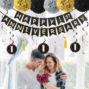 1 Year Anniversary Decorations Kit, 1st Wedding Anniversary Banner Party Decorations Suppilies - Including Gold Glitter Happy 1th Anniversary Banner / 9Pcs Sparkling 1 Hanging Swirl /6Pcs Poms…