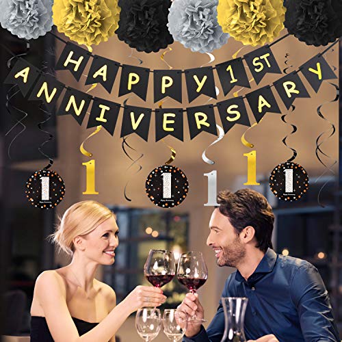 1 Year Anniversary Decorations Kit, 1st Wedding Anniversary Banner Party Decorations Suppilies - Including Gold Glitter Happy 1th Anniversary Banner / 9Pcs Sparkling 1 Hanging Swirl /6Pcs Poms…