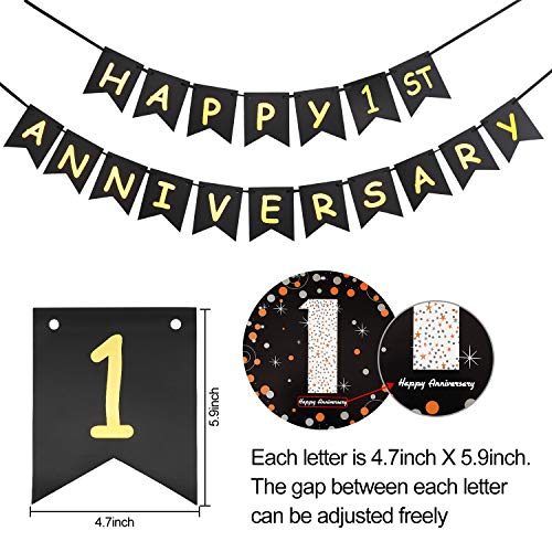 1 Year Anniversary Decorations Kit, 1st Wedding Anniversary Banner Party Decorations Suppilies - Including Gold Glitter Happy 1th Anniversary Banner / 9Pcs Sparkling 1 Hanging Swirl /6Pcs Poms…