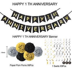 1 Year Anniversary Decorations Kit, 1st Wedding Anniversary Banner Party Decorations Suppilies - Including Gold Glitter Happy 1th Anniversary Banner / 9Pcs Sparkling 1 Hanging Swirl /6Pcs Poms…