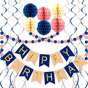 navy rose gold birthday decorations with happy birthday banner, honeycomb balls, metallic hanging swirls and circle parper garland, birthday decorations for women