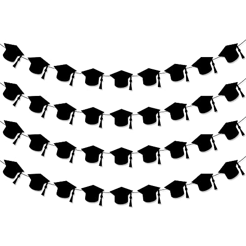 Felt, Black Graduation Cap Garland - 4 Strings, No DIY | Graduation Garland, Graduation 2023 Decorations | Graduation Banner for Black Graduation Party Decorations 2023 | Graduation Cap Decorations