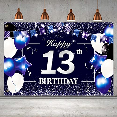 P.G Collin Happy 13th Birthday Banner Backdrop Sign Background 13 Birthday Party Decorations Supplies for Boys Kids 6*4ft Blue White 13