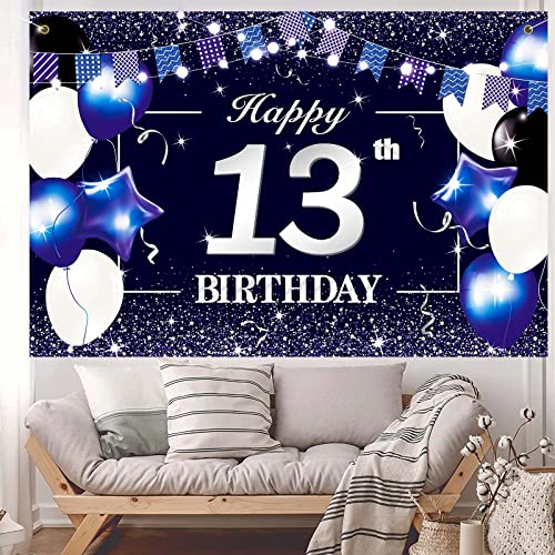 P.G Collin Happy 13th Birthday Banner Backdrop Sign Background 13 Birthday Party Decorations Supplies for Boys Kids 6*4ft Blue White 13