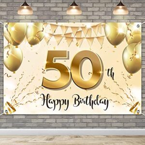 hamigar 6x4ft happy 50th birthday banner backdrop – 50 years old birthday decorations party supplies for women – white gold