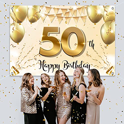 HAMIGAR 6x4ft Happy 50th Birthday Banner Backdrop - 50 Years Old Birthday Decorations Party Supplies for Women - White Gold