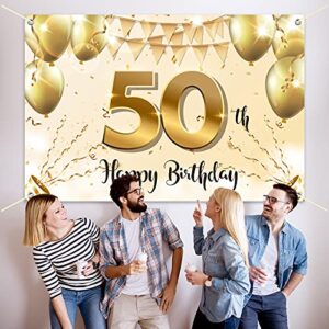 HAMIGAR 6x4ft Happy 50th Birthday Banner Backdrop - 50 Years Old Birthday Decorations Party Supplies for Women - White Gold