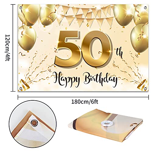 HAMIGAR 6x4ft Happy 50th Birthday Banner Backdrop - 50 Years Old Birthday Decorations Party Supplies for Women - White Gold