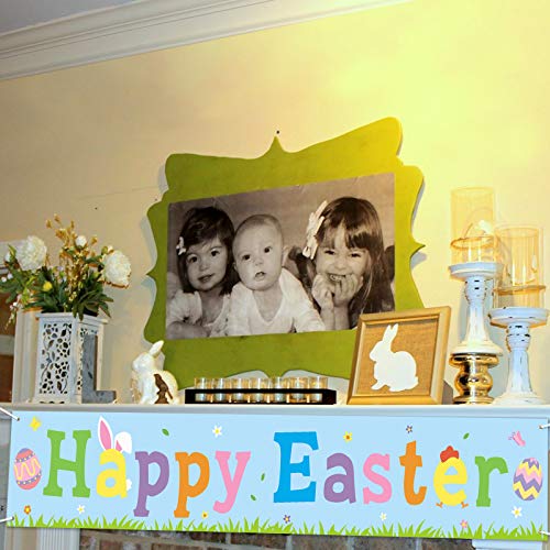 Happy Easter Banner Spring Bunny Egg Flower Theme Sign Easter Day Home Indoor Outdoor Decoration Rustic Farmhouse Easter Wall Garland Party Supplies Photography Background