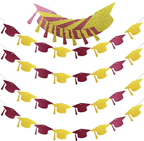 Graduation Decorations Maroon Gold 2023 Maroon Grad 4pcs Graduation Hat Banner Garlands Glitter Burgundy Gold for FSU Graduation Party Supplies 2023