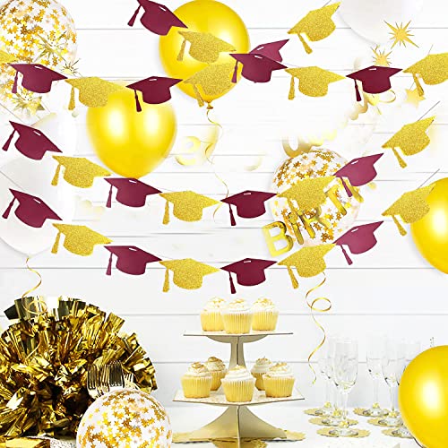 Graduation Decorations Maroon Gold 2023 Maroon Grad 4pcs Graduation Hat Banner Garlands Glitter Burgundy Gold for FSU Graduation Party Supplies 2023