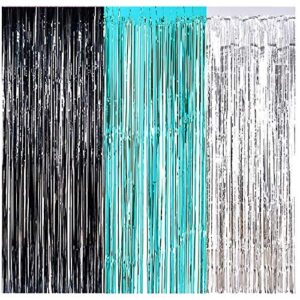 graduation decorations 2023 turquoise black silver foil fringe curtains for 2023 turquoise graduation party photo backdrop/women birthday decorations