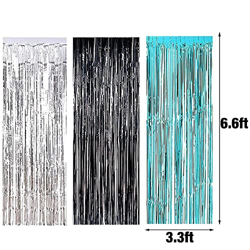 Graduation Decorations 2023 Turquoise Black Silver Foil Fringe Curtains for 2023 Turquoise Graduation Party Photo Backdrop/Women Birthday Decorations