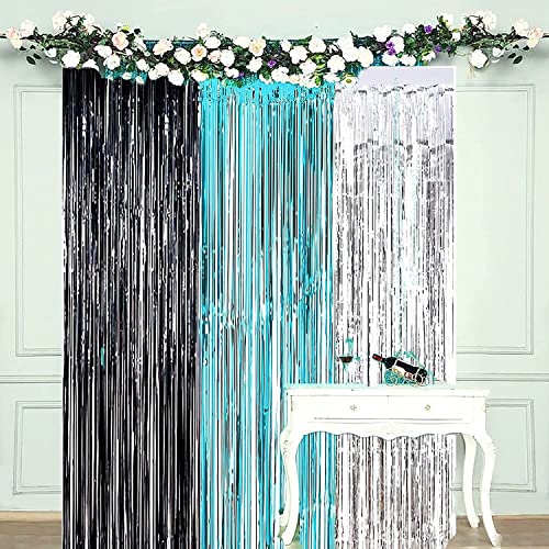 Graduation Decorations 2023 Turquoise Black Silver Foil Fringe Curtains for 2023 Turquoise Graduation Party Photo Backdrop/Women Birthday Decorations