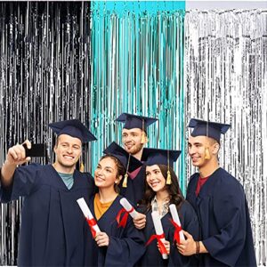 Graduation Decorations 2023 Turquoise Black Silver Foil Fringe Curtains for 2023 Turquoise Graduation Party Photo Backdrop/Women Birthday Decorations