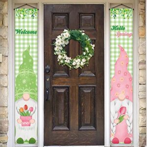 pudodo hello spring gnome porch banner tulip leaf buffalo plaid check holiday front door banner wall hanging party decoration