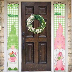 Pudodo Hello Spring Gnome Porch Banner Tulip Leaf Buffalo Plaid Check Holiday Front Door Banner Wall Hanging Party Decoration