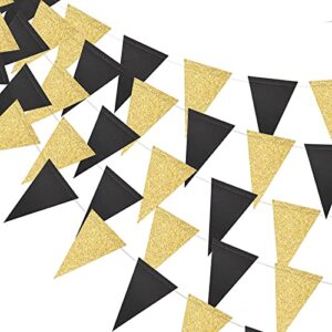 merrynine triangle flag bunting banner, 3 pack 30 feet vintage style pennant banner for wedding, baby shower, event & party supplies 45pcs flags (triangle flag – black gold glitter)