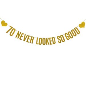 70 never looked so good banner, pre-strung, gold paper glitter party decorations for 70th birthday party supplies, letters gold,abcpartyland