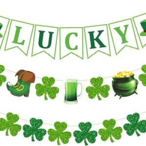 St Patricks Day Decorations Shamrock Banner Garland 3Pcs, Clover Glittery Garland Lucky Banner Set Irish Party Supplies Hanging Garland Decor Green for St Patricks Day for Party Home Store