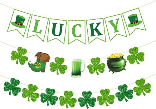 St Patricks Day Decorations Shamrock Banner Garland 3Pcs, Clover Glittery Garland Lucky Banner Set Irish Party Supplies Hanging Garland Decor Green for St Patricks Day for Party Home Store