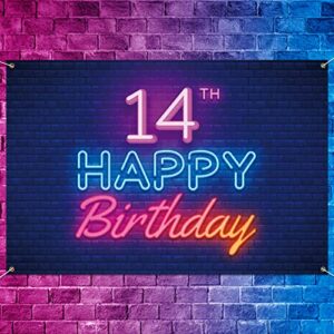 glow neon happy 14th birthday backdrop banner decor black – colorful glowing 14 years old birthday party theme decorations for boys girls supplies