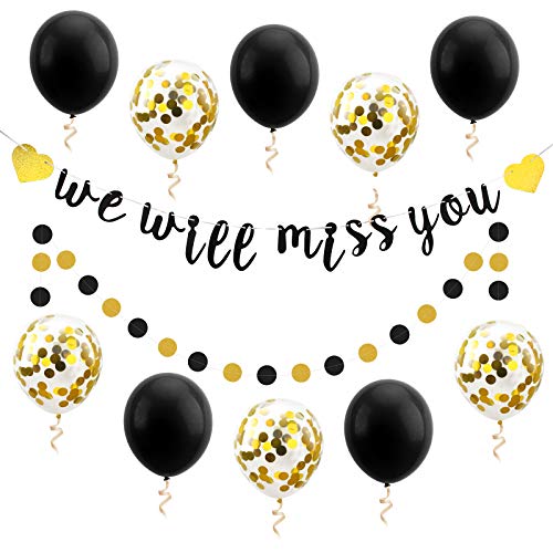 Luxiocio We Will Miss You Banner Balloon Going Away Party Decorations - Farewell Party Decorations Supplies - Black Gold Banner Confetti Latex Balloons for Retirement Office Work Party Sign Decor