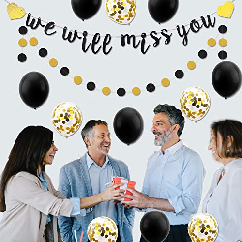 Luxiocio We Will Miss You Banner Balloon Going Away Party Decorations - Farewell Party Decorations Supplies - Black Gold Banner Confetti Latex Balloons for Retirement Office Work Party Sign Decor