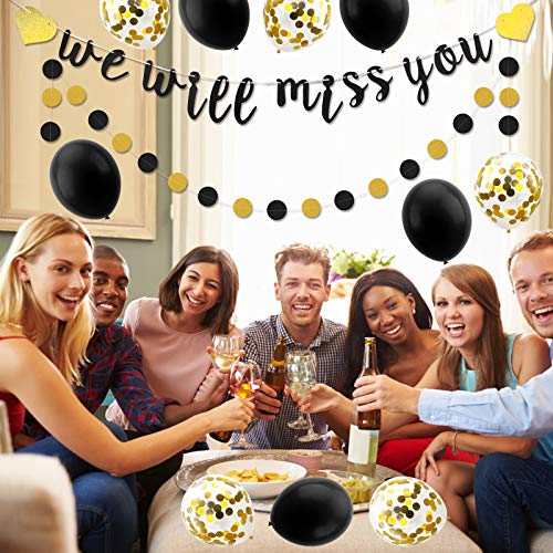 Luxiocio We Will Miss You Banner Balloon Going Away Party Decorations - Farewell Party Decorations Supplies - Black Gold Banner Confetti Latex Balloons for Retirement Office Work Party Sign Decor
