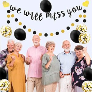 Luxiocio We Will Miss You Banner Balloon Going Away Party Decorations - Farewell Party Decorations Supplies - Black Gold Banner Confetti Latex Balloons for Retirement Office Work Party Sign Decor