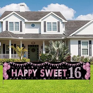 16th birthday banner decorations for girls, happy sweet 16 birthday yard sign party supplies, purple sixteen birthday outdoor decor backdrop (9.8×1.6ft)