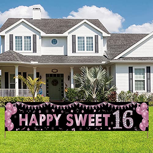 16th Birthday Banner Decorations for Girls, Happy Sweet 16 Birthday Yard Sign Party Supplies, Purple Sixteen Birthday Outdoor Decor Backdrop (9.8x1.6ft)