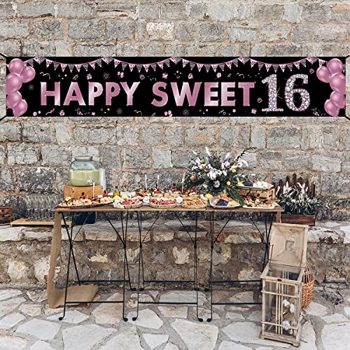 16th Birthday Banner Decorations for Girls, Happy Sweet 16 Birthday Yard Sign Party Supplies, Purple Sixteen Birthday Outdoor Decor Backdrop (9.8x1.6ft)