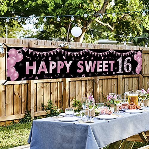 16th Birthday Banner Decorations for Girls, Happy Sweet 16 Birthday Yard Sign Party Supplies, Purple Sixteen Birthday Outdoor Decor Backdrop (9.8x1.6ft)