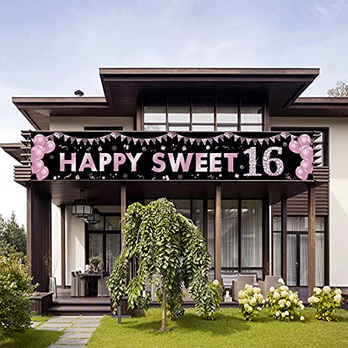 16th Birthday Banner Decorations for Girls, Happy Sweet 16 Birthday Yard Sign Party Supplies, Purple Sixteen Birthday Outdoor Decor Backdrop (9.8x1.6ft)