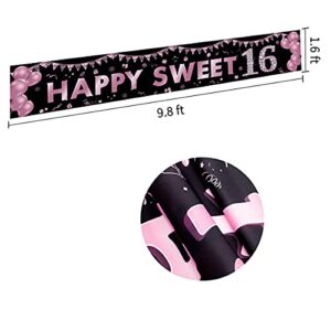 16th Birthday Banner Decorations for Girls, Happy Sweet 16 Birthday Yard Sign Party Supplies, Purple Sixteen Birthday Outdoor Decor Backdrop (9.8x1.6ft)