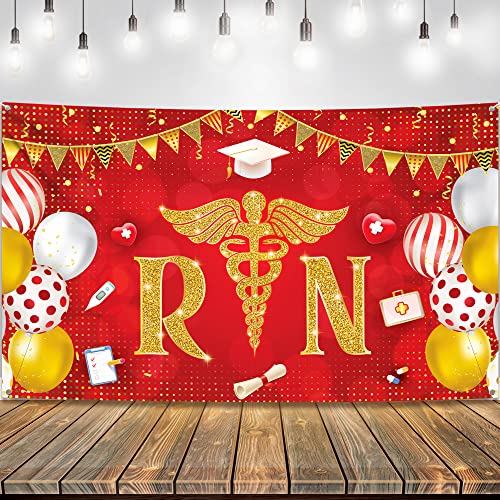 Large RN Banner for Nurse Party Decorations - 72x44 Inch | Congrats Nurse Banner for Red And Gold Nursing Graduation Party Supplies | RN Graduation Party Decorations 2023, Nurse Graduation Decorations