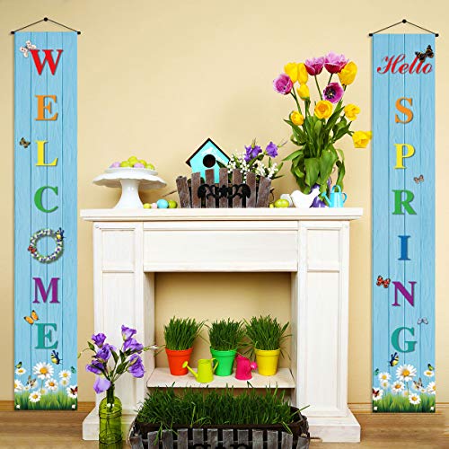 Hello Spring Banner,Spring Welcome Porch Sign,Spring Party Decoration Outdoor Indoor Front for Home Farmhouse School Classroom