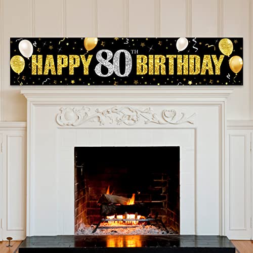 80th Birthday Banner Decorations for Men Women, Black Gold Happy 80 Birthday Yard Banner Sign Party Supplies, Eighty Year Old Birthday Party Decor for Indoor Outdoor