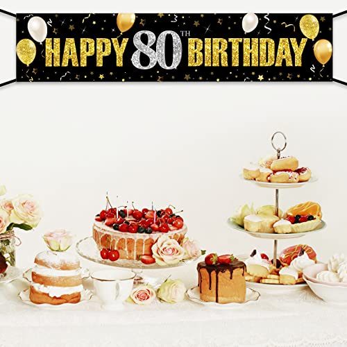 80th Birthday Banner Decorations for Men Women, Black Gold Happy 80 Birthday Yard Banner Sign Party Supplies, Eighty Year Old Birthday Party Decor for Indoor Outdoor