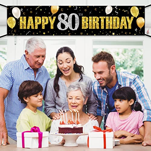 80th Birthday Banner Decorations for Men Women, Black Gold Happy 80 Birthday Yard Banner Sign Party Supplies, Eighty Year Old Birthday Party Decor for Indoor Outdoor