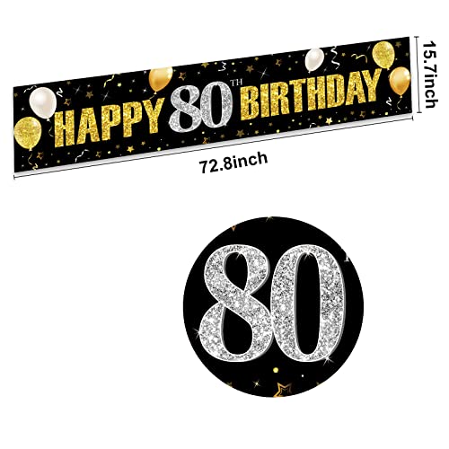 80th Birthday Banner Decorations for Men Women, Black Gold Happy 80 Birthday Yard Banner Sign Party Supplies, Eighty Year Old Birthday Party Decor for Indoor Outdoor